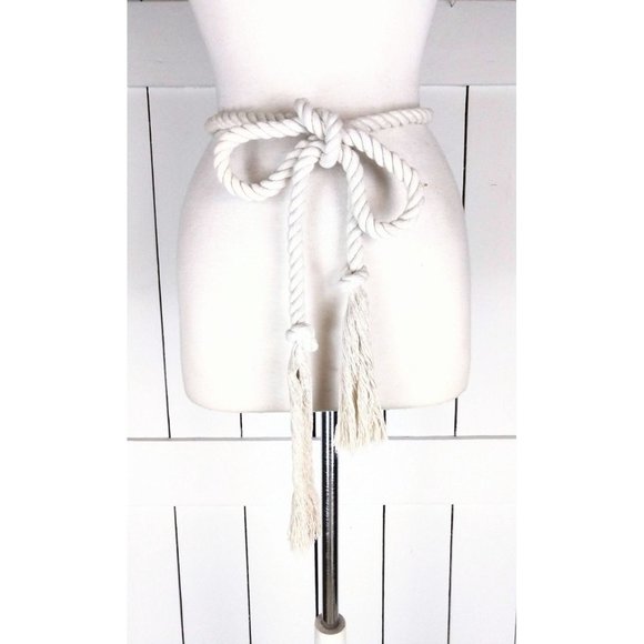 Ivory long woven braided rope knotted fringe tassel tie belt